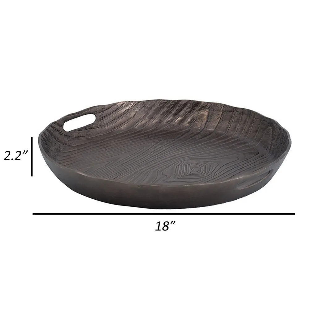 18 Inch Aluminum Decorative Tray, Cut Out Handles, Wood Grain Texturing By Casagear Home