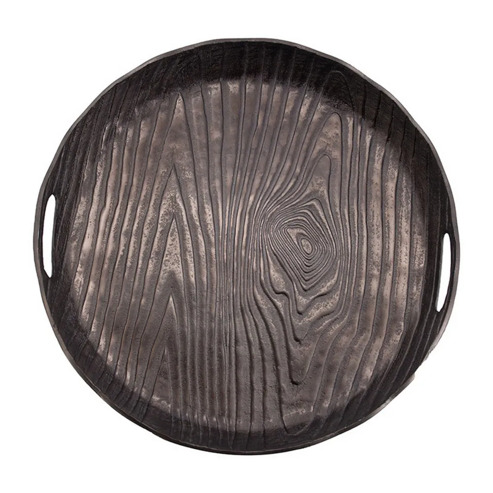 18 Inch Aluminum Decorative Tray, Cut Out Handles, Wood Grain Texturing By Casagear Home