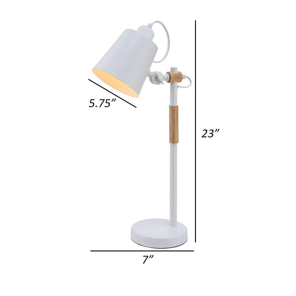 23 Inch Table Lamp, Brown Wood Trim, Dome Metal Shade White, Round Base By Casagear Home