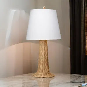 27 Inch Table Lamp, Tree Trunk Base, Tapered Shade, White, Natural Brown  By Casagear Home