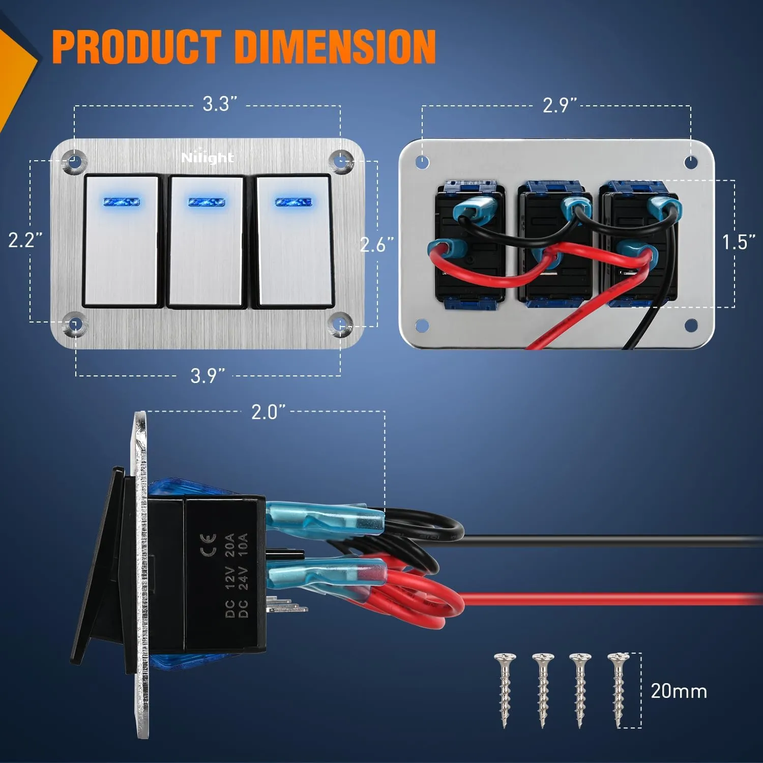 3Gang Aluminum 3Pin ON/Off Blue Led Rocker Switch Panel