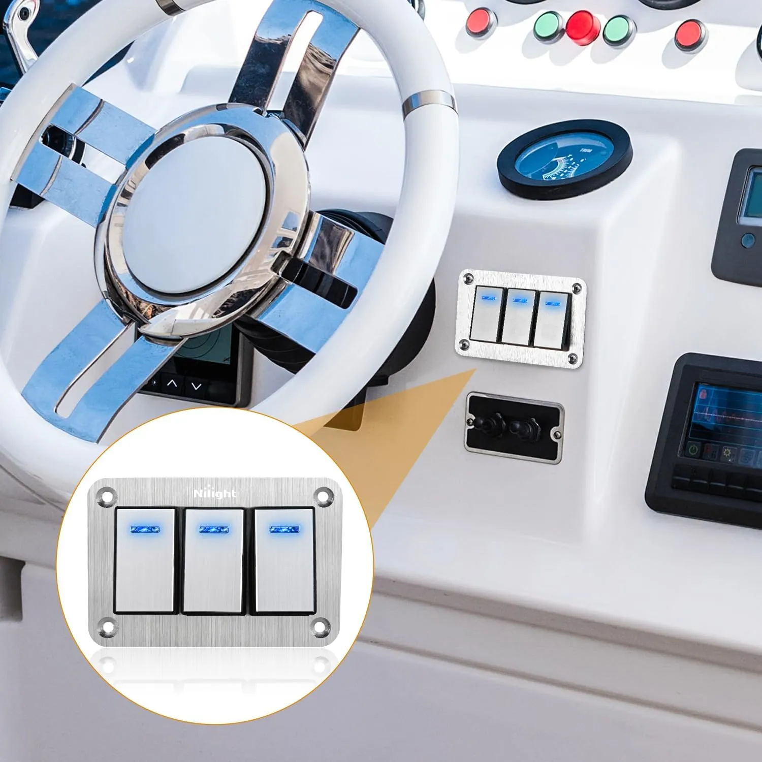 3Gang Aluminum 3Pin ON/Off Blue Led Rocker Switch Panel
