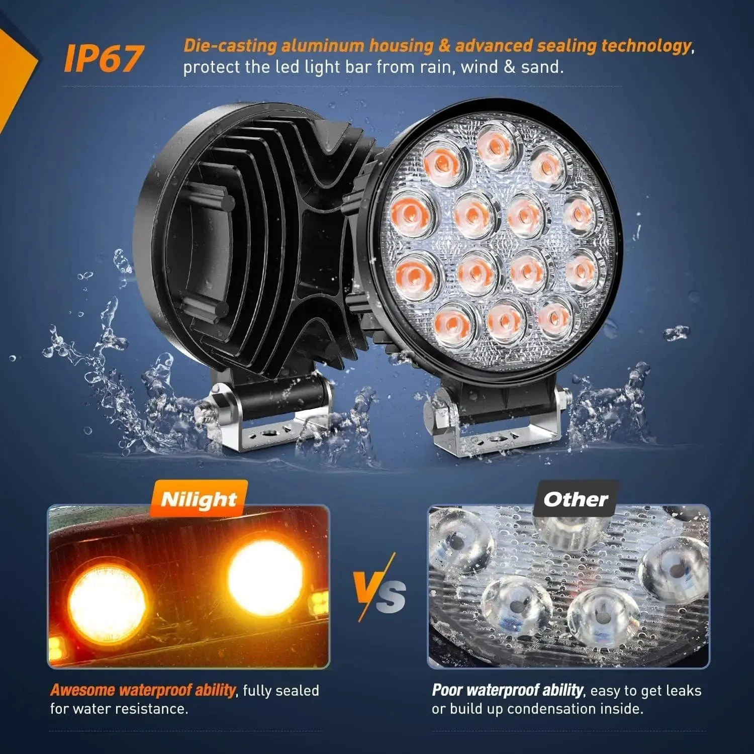 4.5 Inch 42W 4200LM Amber Round Flood LED Work Lights (Pair) | 16AWG Wire 3Pin Switch