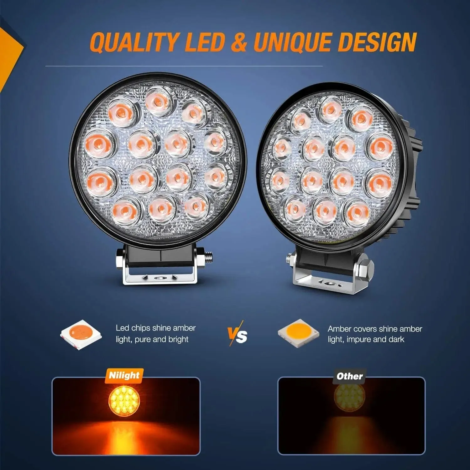 4.5 Inch 42W 4200LM Amber Round Flood LED Work Lights (Pair) | 16AWG Wire 3Pin Switch