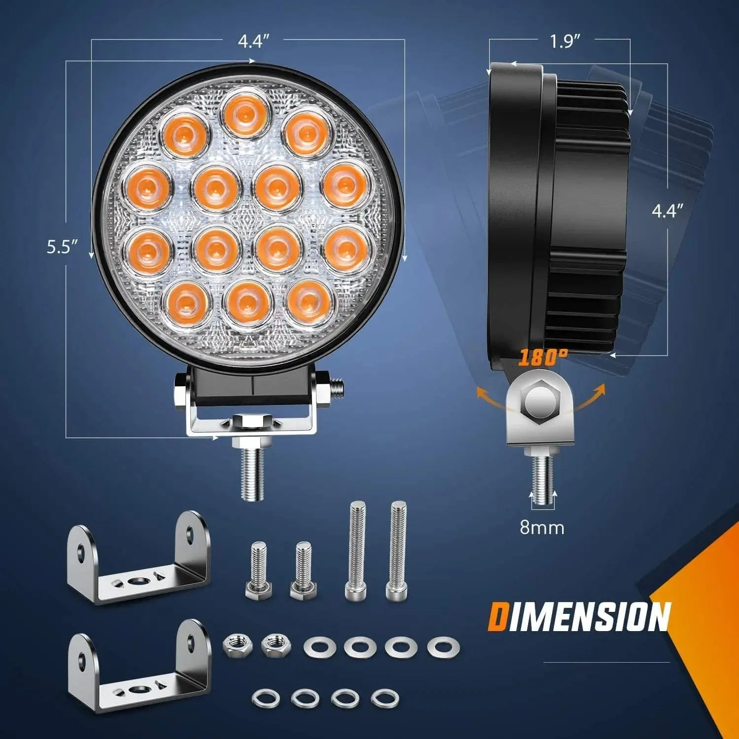 4.5 Inch 42W 4200LM Amber Round Flood LED Work Lights (Pair) | 16AWG Wire 3Pin Switch