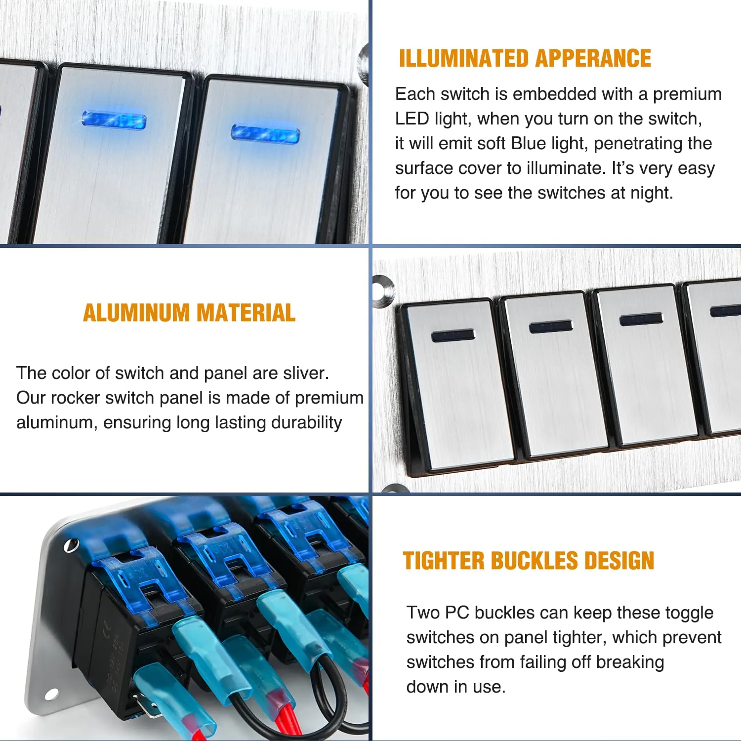 4Gang Aluminum 3Pin ON/Off Blue Led Rocker Switch Panel