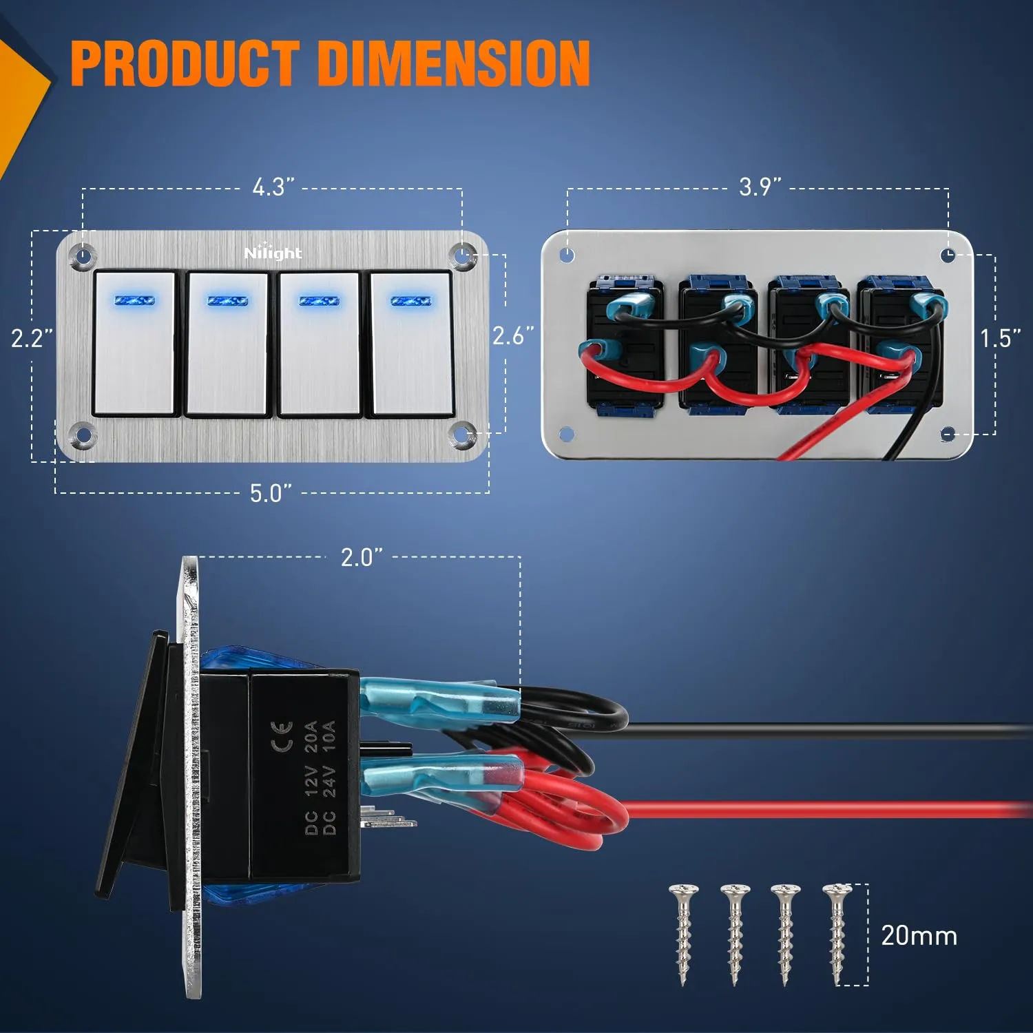 4Gang Aluminum 3Pin ON/Off Blue Led Rocker Switch Panel