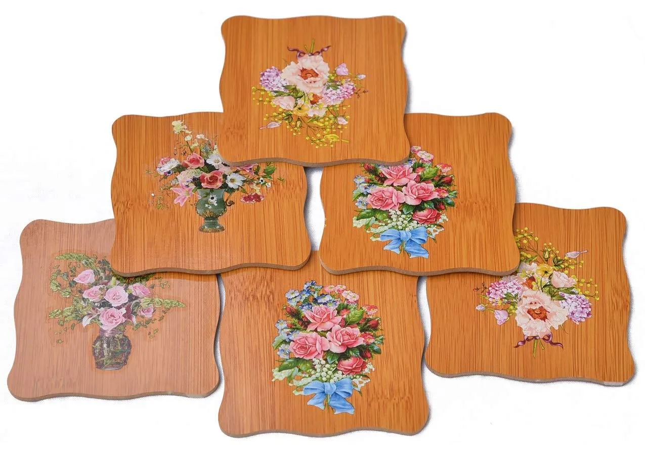 6 Piece Bamboo Coasters or Pan Pot Holder Heat Insulation Pad - (9.5 X 9.5 cm)
