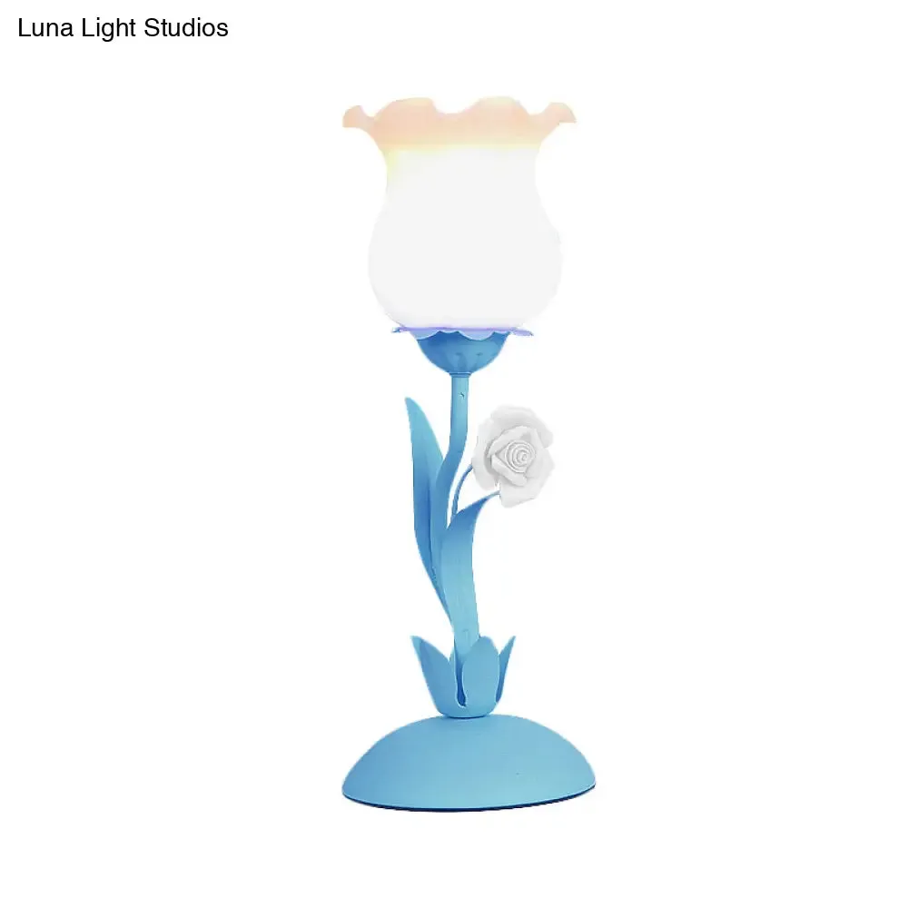 Acamar - Pastoral Pastoral Rose Bud Table Light 1 Head Opal Matte Glass Nightstand Lamp with Pink/Blue/Green Vine