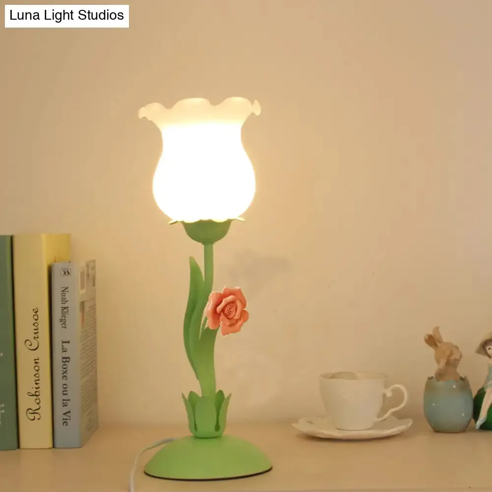 Acamar - Pastoral Pastoral Rose Bud Table Light 1 Head Opal Matte Glass Nightstand Lamp with Pink/Blue/Green Vine