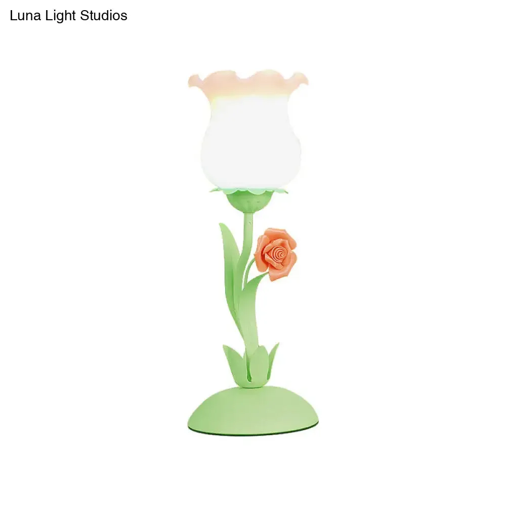Acamar - Pastoral Pastoral Rose Bud Table Light 1 Head Opal Matte Glass Nightstand Lamp with Pink/Blue/Green Vine