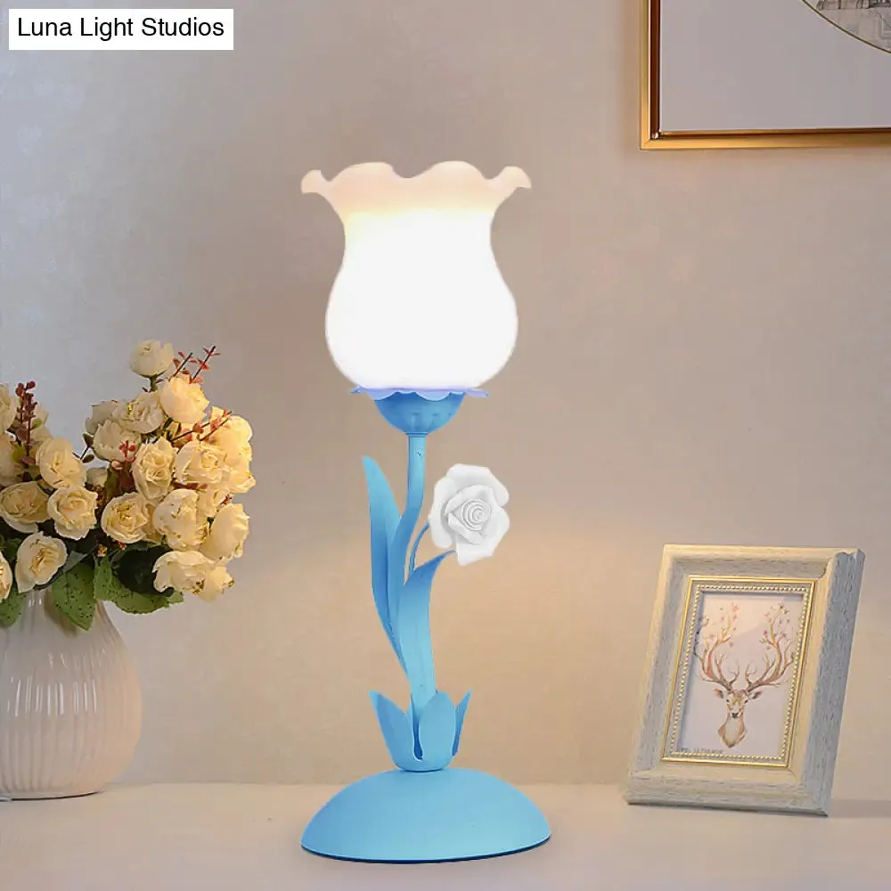 Acamar - Pastoral Pastoral Rose Bud Table Light 1 Head Opal Matte Glass Nightstand Lamp with Pink/Blue/Green Vine
