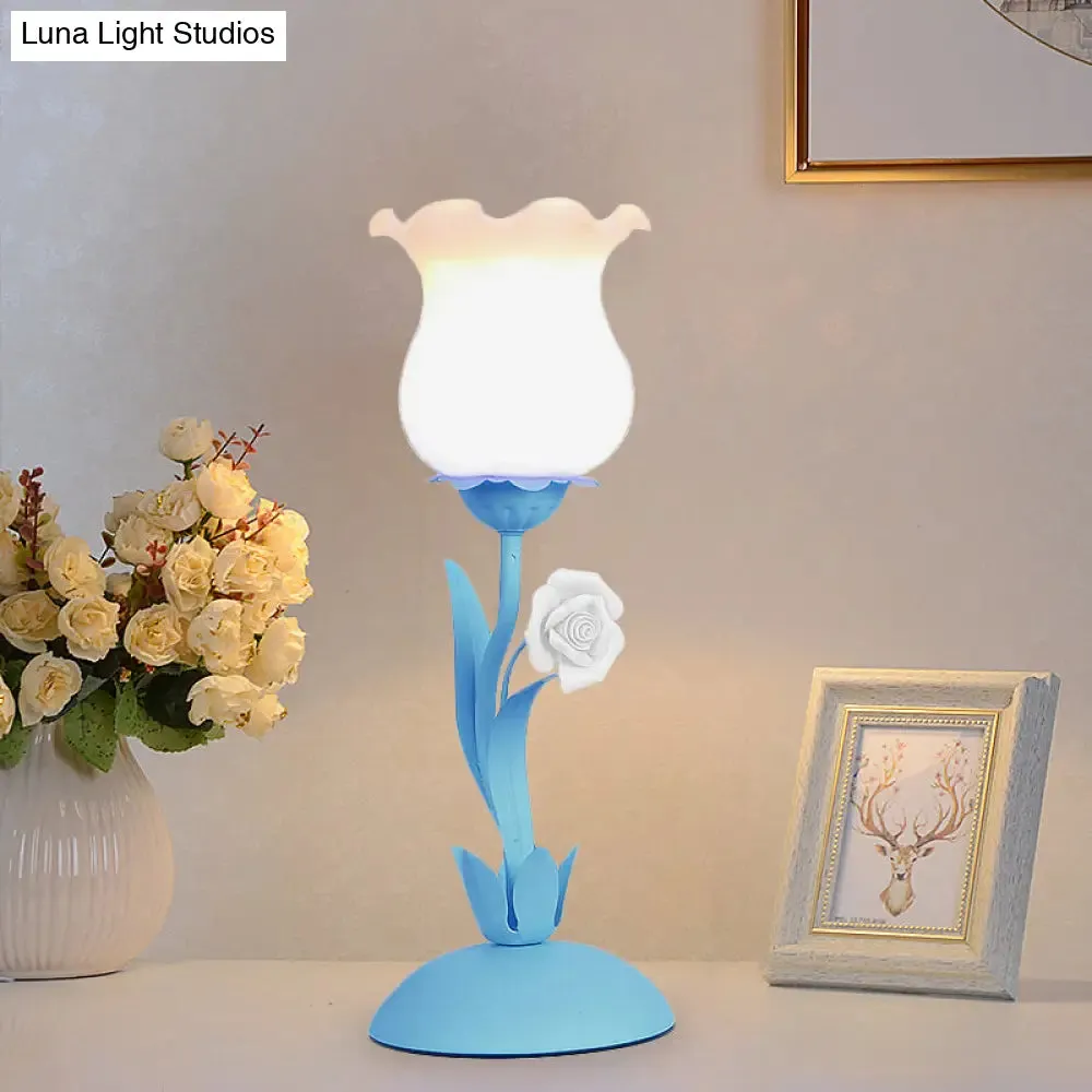 Acamar - Pastoral Pastoral Rose Bud Table Light 1 Head Opal Matte Glass Nightstand Lamp with Pink/Blue/Green Vine