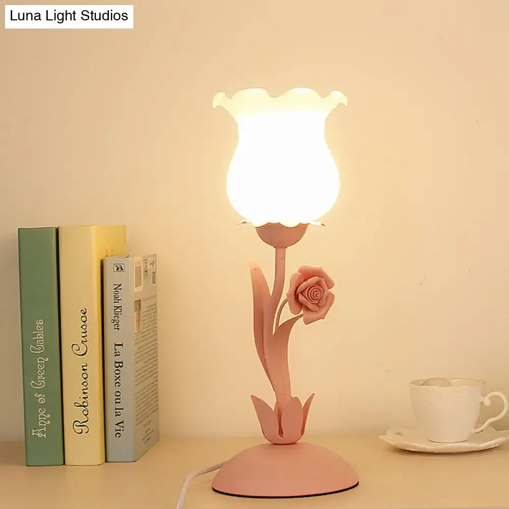 Acamar - Pastoral Pastoral Rose Bud Table Light 1 Head Opal Matte Glass Nightstand Lamp with Pink/Blue/Green Vine