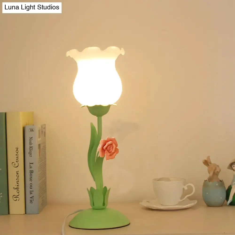 Acamar - Pastoral Pastoral Rose Bud Table Light 1 Head Opal Matte Glass Nightstand Lamp with Pink/Blue/Green Vine