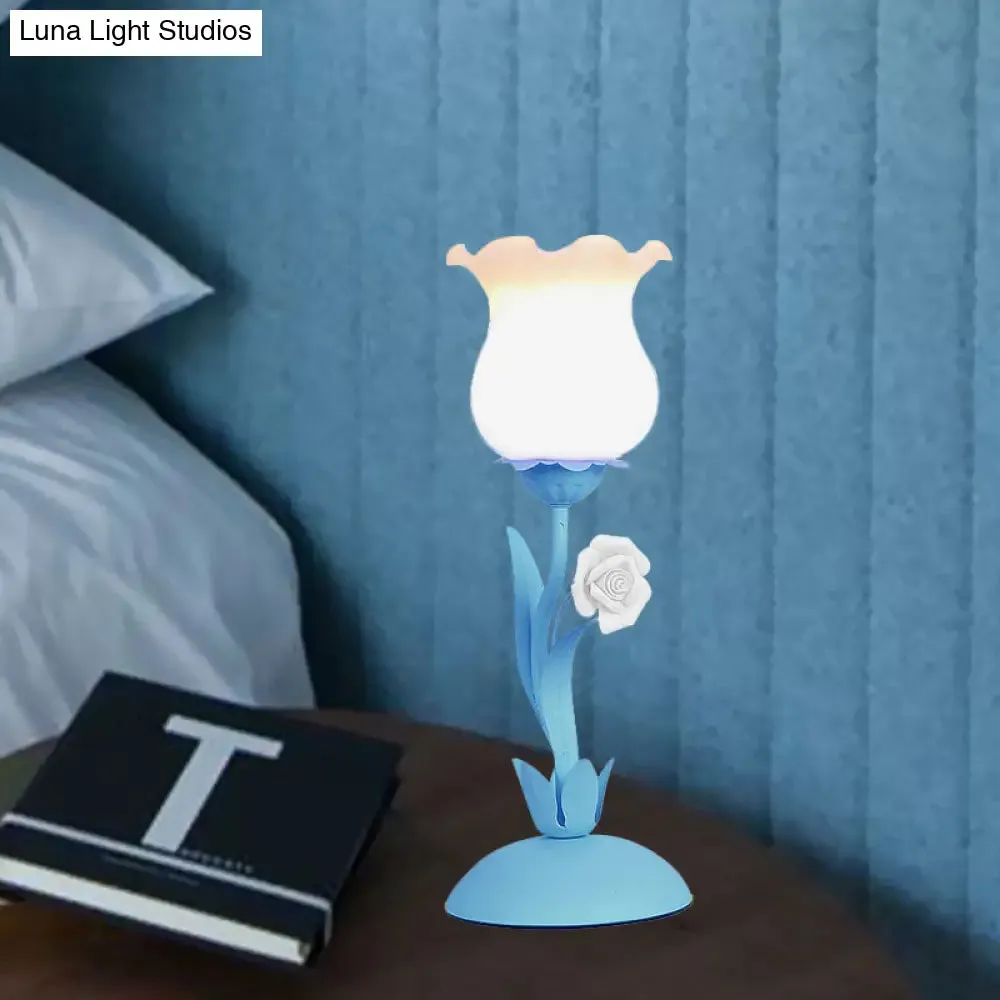 Acamar - Pastoral Pastoral Rose Bud Table Light 1 Head Opal Matte Glass Nightstand Lamp with Pink/Blue/Green Vine