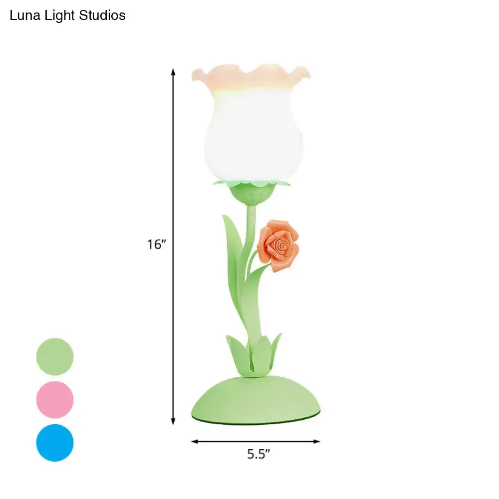 Acamar - Pastoral Pastoral Rose Bud Table Light 1 Head Opal Matte Glass Nightstand Lamp with Pink/Blue/Green Vine