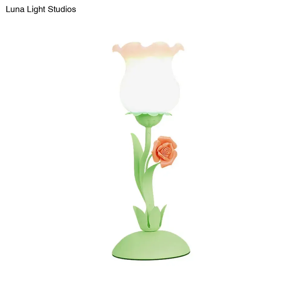 Acamar - Pastoral Pastoral Rose Bud Table Light 1 Head Opal Matte Glass Nightstand Lamp with Pink/Blue/Green Vine