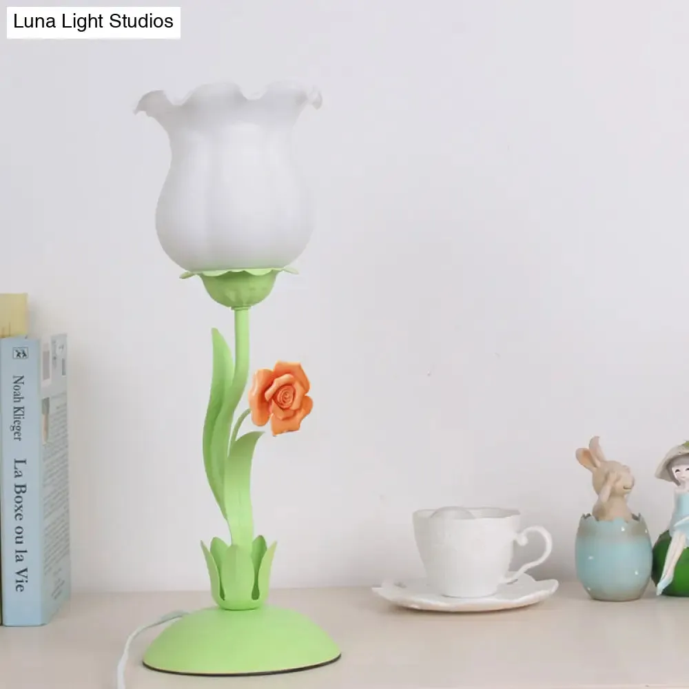 Acamar - Pastoral Pastoral Rose Bud Table Light 1 Head Opal Matte Glass Nightstand Lamp with Pink/Blue/Green Vine