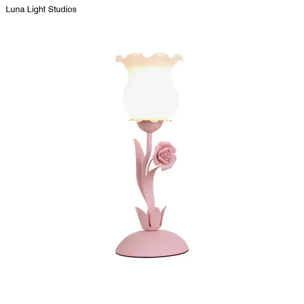 Acamar - Pastoral Pastoral Rose Bud Table Light 1 Head Opal Matte Glass Nightstand Lamp with Pink/Blue/Green Vine