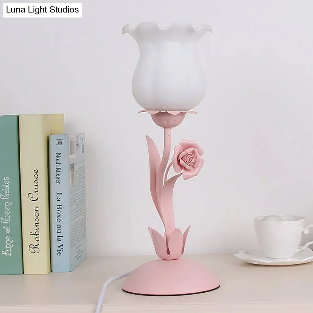 Acamar - Pastoral Pastoral Rose Bud Table Light 1 Head Opal Matte Glass Nightstand Lamp with Pink/Blue/Green Vine