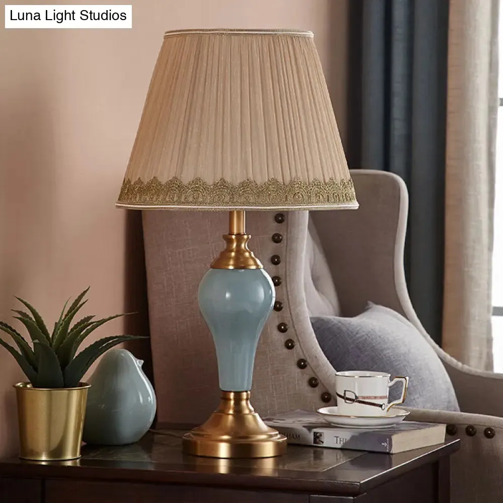 Adalyn - Vintage Ceramic Urn Table Lighting Vintage 1 Bulb Bedside Nightstand Light in Aqua/Beige/Silver Grey with Tapered Fabric Shade
