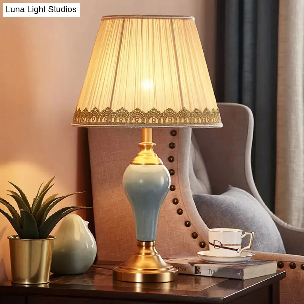 Adalyn - Vintage Ceramic Urn Table Lighting Vintage 1 Bulb Bedside Nightstand Light in Aqua/Beige/Silver Grey with Tapered Fabric Shade