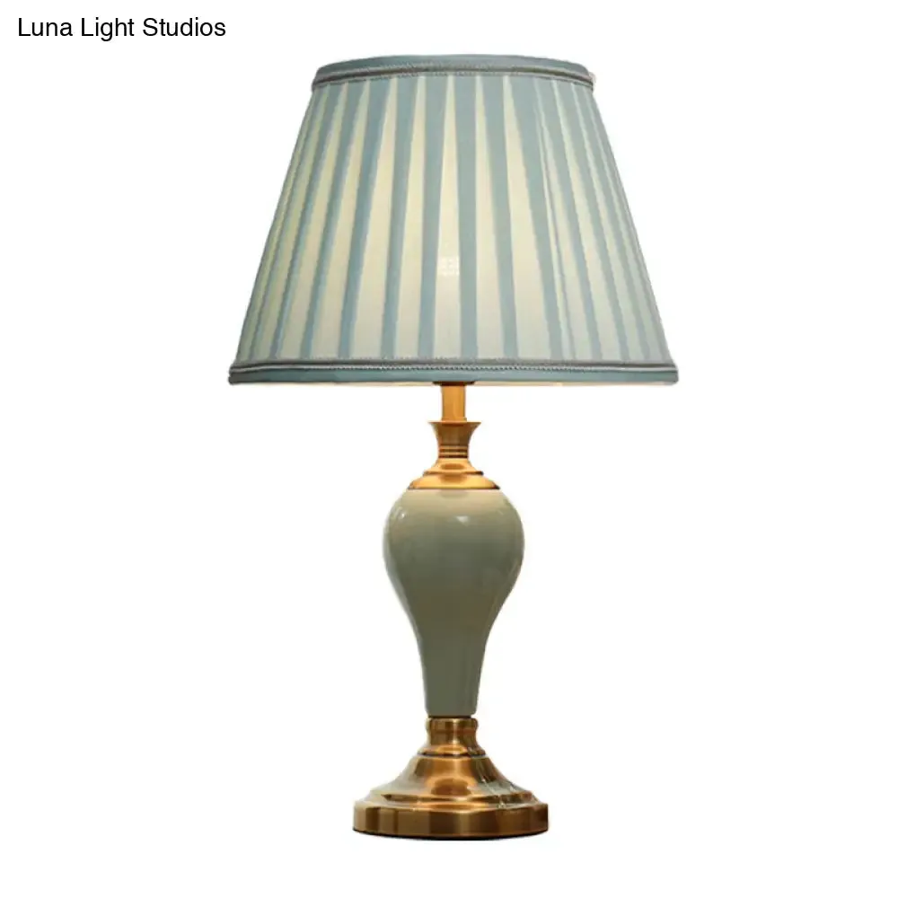 Adalyn - Vintage Ceramic Urn Table Lighting Vintage 1 Bulb Bedside Nightstand Light in Aqua/Beige/Silver Grey with Tapered Fabric Shade