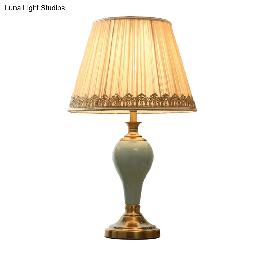 Adalyn - Vintage Ceramic Urn Table Lighting Vintage 1 Bulb Bedside Nightstand Light in Aqua/Beige/Silver Grey with Tapered Fabric Shade