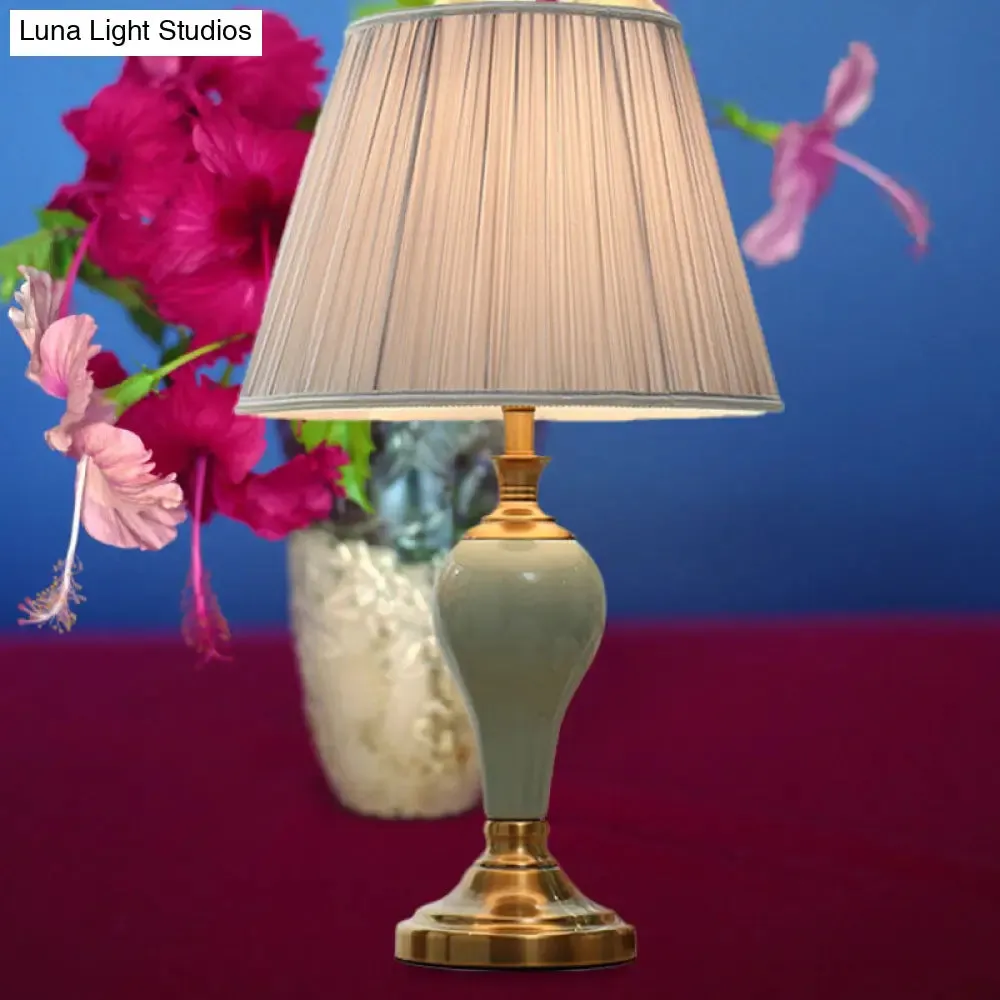 Adalyn - Vintage Ceramic Urn Table Lighting Vintage 1 Bulb Bedside Nightstand Light in Aqua/Beige/Silver Grey with Tapered Fabric Shade