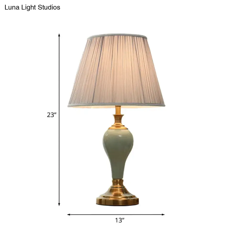 Adalyn - Vintage Ceramic Urn Table Lighting Vintage 1 Bulb Bedside Nightstand Light in Aqua/Beige/Silver Grey with Tapered Fabric Shade