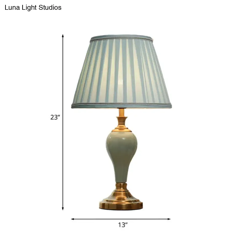 Adalyn - Vintage Ceramic Urn Table Lighting Vintage 1 Bulb Bedside Nightstand Light in Aqua/Beige/Silver Grey with Tapered Fabric Shade