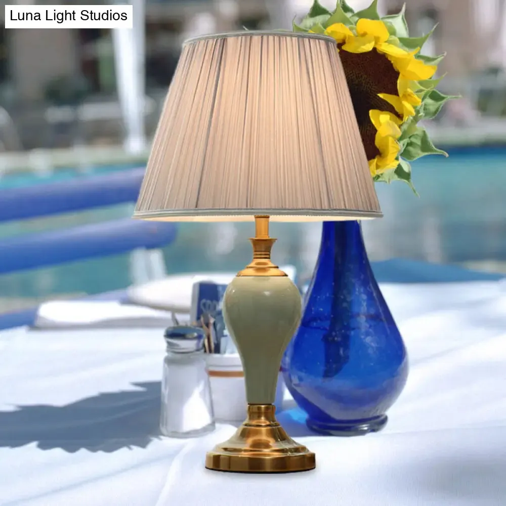 Adalyn - Vintage Ceramic Urn Table Lighting Vintage 1 Bulb Bedside Nightstand Light in Aqua/Beige/Silver Grey with Tapered Fabric Shade