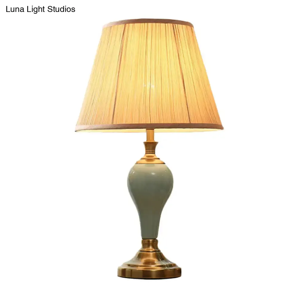 Adalyn - Vintage Ceramic Urn Table Lighting Vintage 1 Bulb Bedside Nightstand Light in Aqua/Beige/Silver Grey with Tapered Fabric Shade