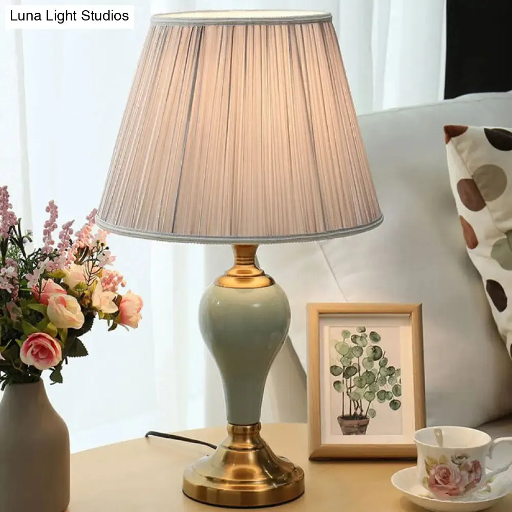 Adalyn - Vintage Ceramic Urn Table Lighting Vintage 1 Bulb Bedside Nightstand Light in Aqua/Beige/Silver Grey with Tapered Fabric Shade
