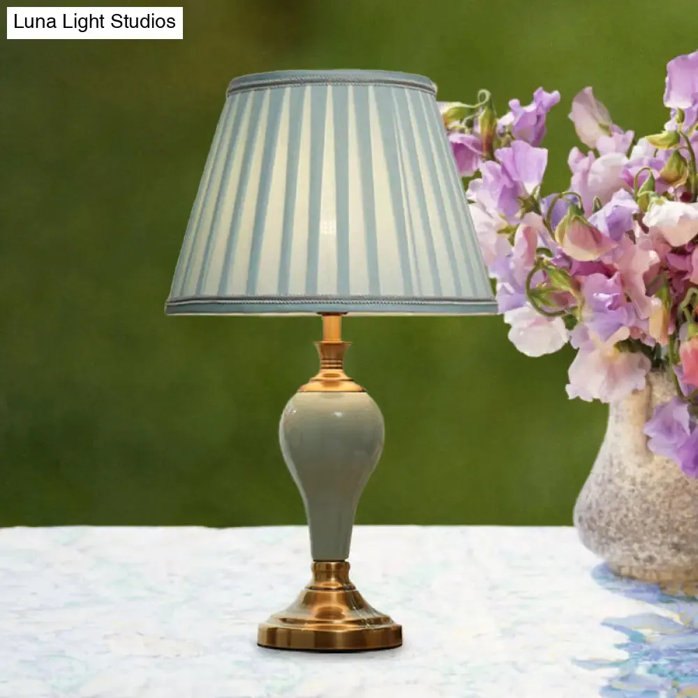 Adalyn - Vintage Ceramic Urn Table Lighting Vintage 1 Bulb Bedside Nightstand Light in Aqua/Beige/Silver Grey with Tapered Fabric Shade