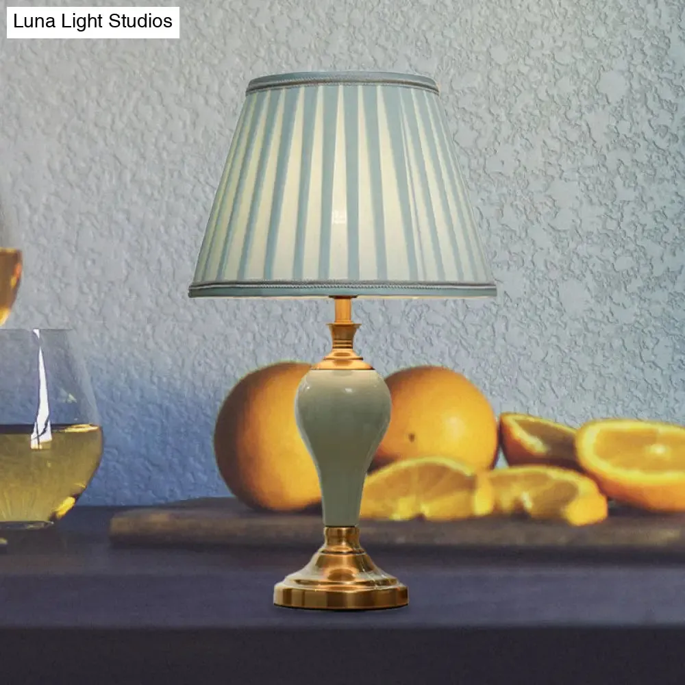 Adalyn - Vintage Ceramic Urn Table Lighting Vintage 1 Bulb Bedside Nightstand Light in Aqua/Beige/Silver Grey with Tapered Fabric Shade