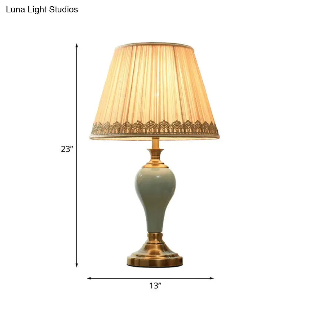 Adalyn - Vintage Ceramic Urn Table Lighting Vintage 1 Bulb Bedside Nightstand Light in Aqua/Beige/Silver Grey with Tapered Fabric Shade
