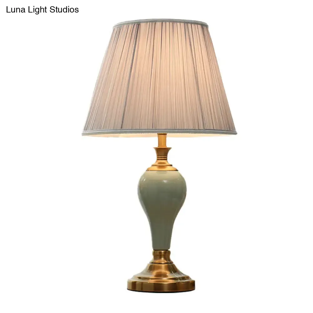 Adalyn - Vintage Ceramic Urn Table Lighting Vintage 1 Bulb Bedside Nightstand Light in Aqua/Beige/Silver Grey with Tapered Fabric Shade
