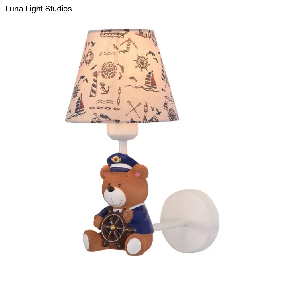 Adorable Bear Wall Light for Kids' Bedrooms: Tapered Shade, One Light, Resin Sconce in Beige