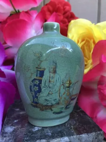 Antique Asian Hand Painted Green Far Eastern Imported Vase