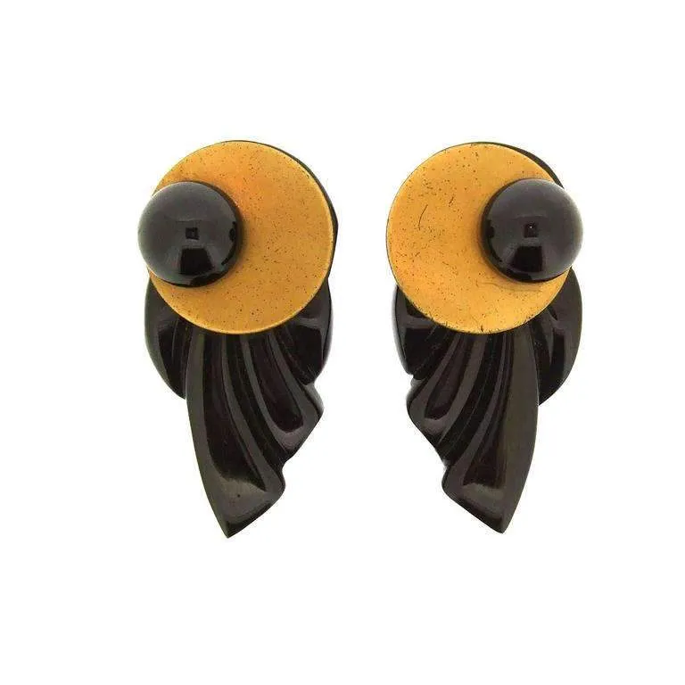 Art Deco Bakelite Bracelet Dress Clip Set Black and Gold