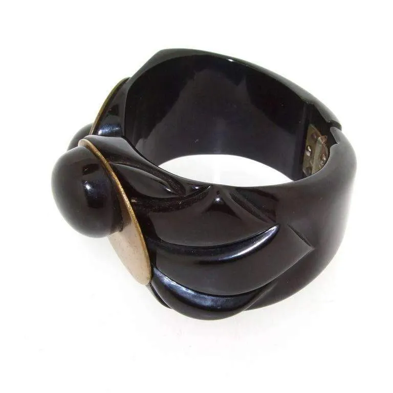 Art Deco Bakelite Bracelet Dress Clip Set Black and Gold