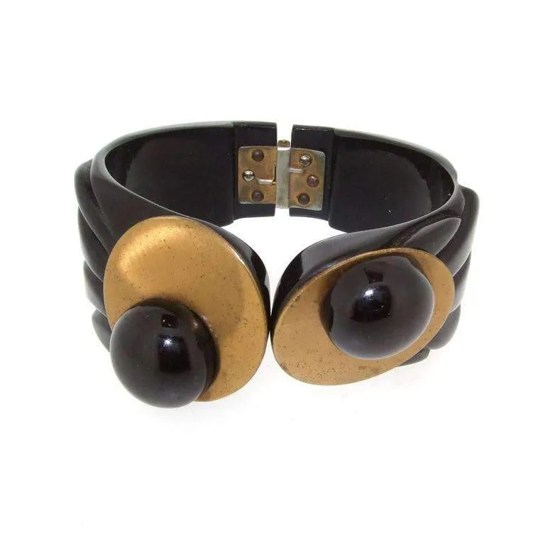 Art Deco Bakelite Bracelet Dress Clip Set Black and Gold