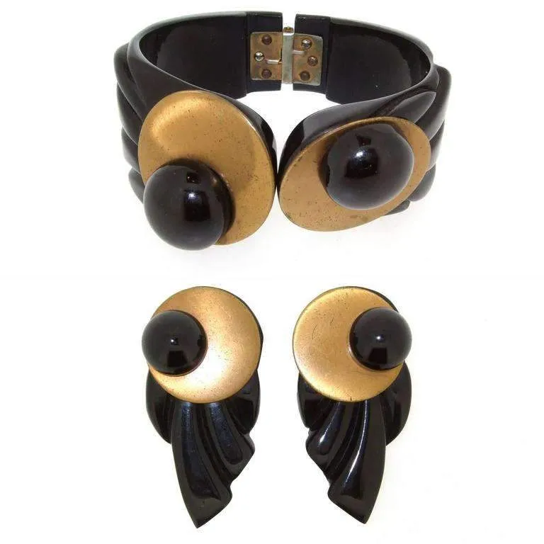 Art Deco Bakelite Bracelet Dress Clip Set Black and Gold