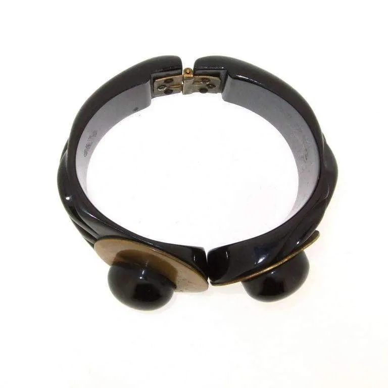 Art Deco Bakelite Bracelet Dress Clip Set Black and Gold