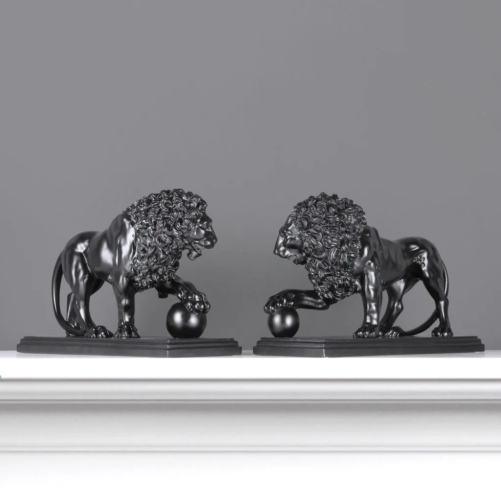Black Medici Lion Statues on Base (in Pair)