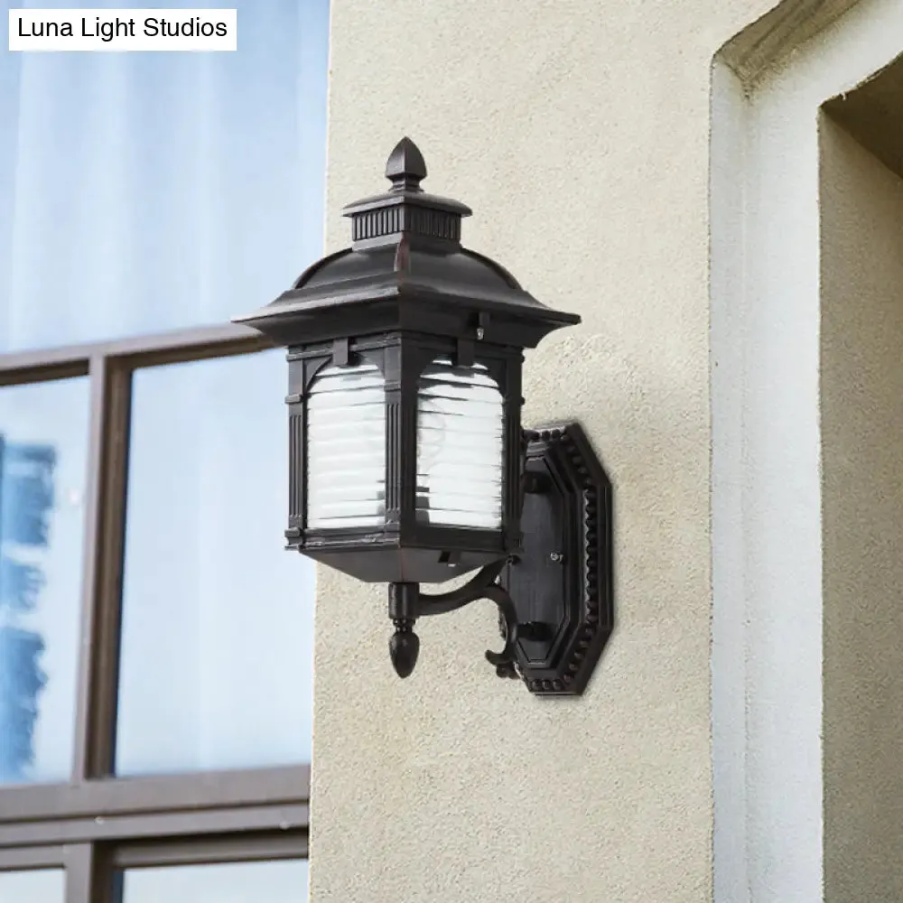 Black Sconce Light Fixture with Ribbed Glass and Wall Mount for Lodges and Pavilions