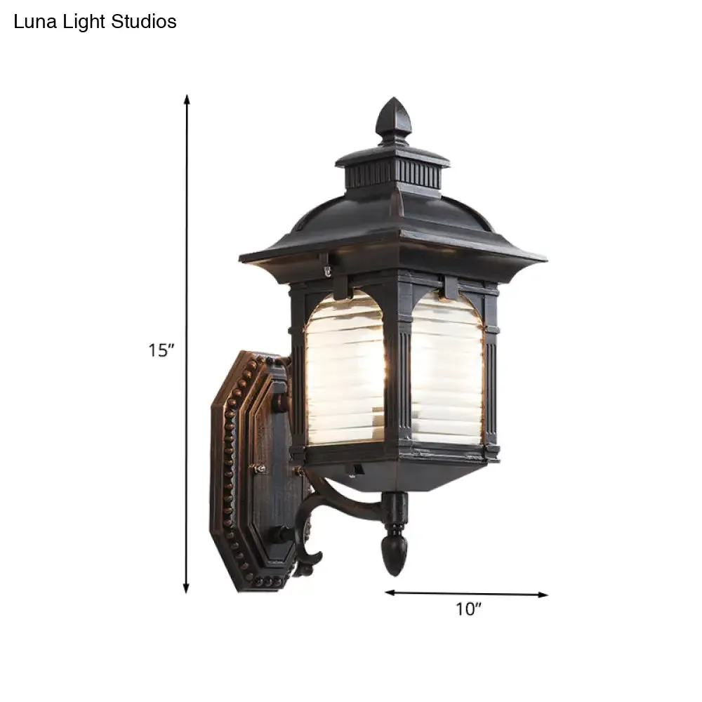 Black Sconce Light Fixture with Ribbed Glass and Wall Mount for Lodges and Pavilions