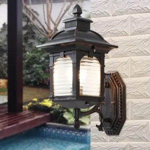 Black Sconce Light Fixture with Ribbed Glass and Wall Mount for Lodges and Pavilions